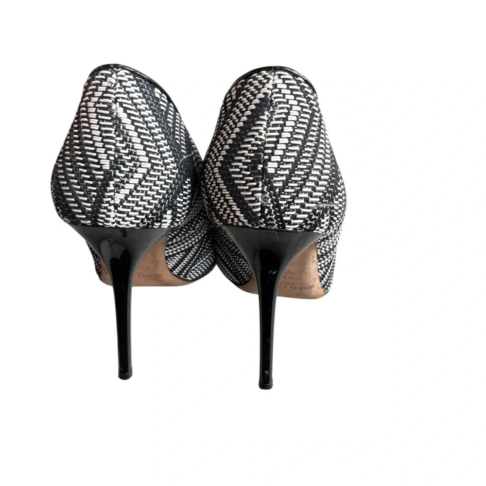 Jimmy Choo -Abel Black & White Woven Print Pointed Toe Stiletto Heels Sz 39.5